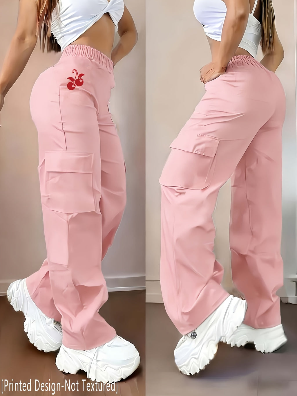 Women's Casual Trousers with a Creative Heart and Cherry Print Design, Fashionable Cargo Pants - D355-WHY2075 - pink color