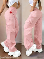 Women's Casual Trousers with a Creative Heart and Cherry Print Design, Fashionable Cargo Pants - D355-WHY2075 - pink color