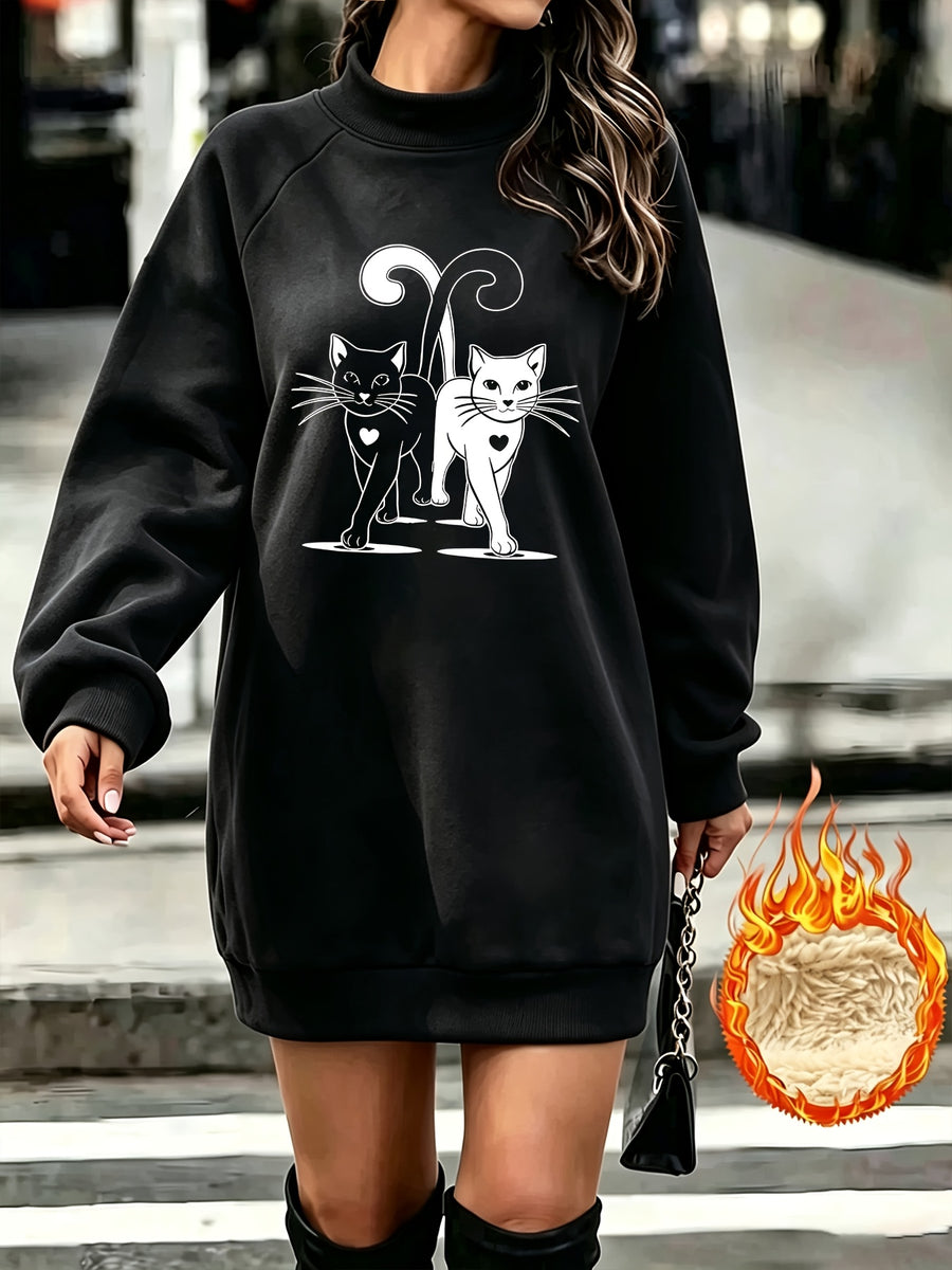 Cute Double Cat Heart Print Half-Turtleneck -Lined Sweatshirt Dress for Women, Autumn/Winter Loose Fit Thickened Midi-Length Top - Black