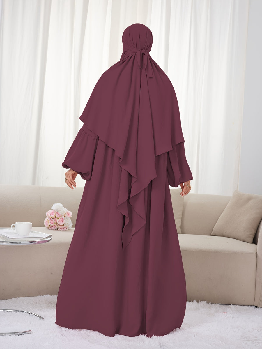 2pcs Set (Khimar And Abaya) Solid Color Muslim Prayer Outfit, Convenient Pullover Style with Lantern Sleeves And Waist Pleats, Paired with Matching Plain Headscarf Hijabs, Essential for Casual Outings, Fashionable Item Prayer Jilbab - Burgundy