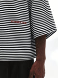 Men'S Round Neck Off-Shoulder T-Shirt, Digital Print, No Texture, 100% Polyester, Sweat-Absorbent And Breathable, Men'S Casual Black And White Striped T-Shirt, Summer Street Fashion, Suitable for Back-To-School Season. Loose Fit, Sweat-Resistant - Black