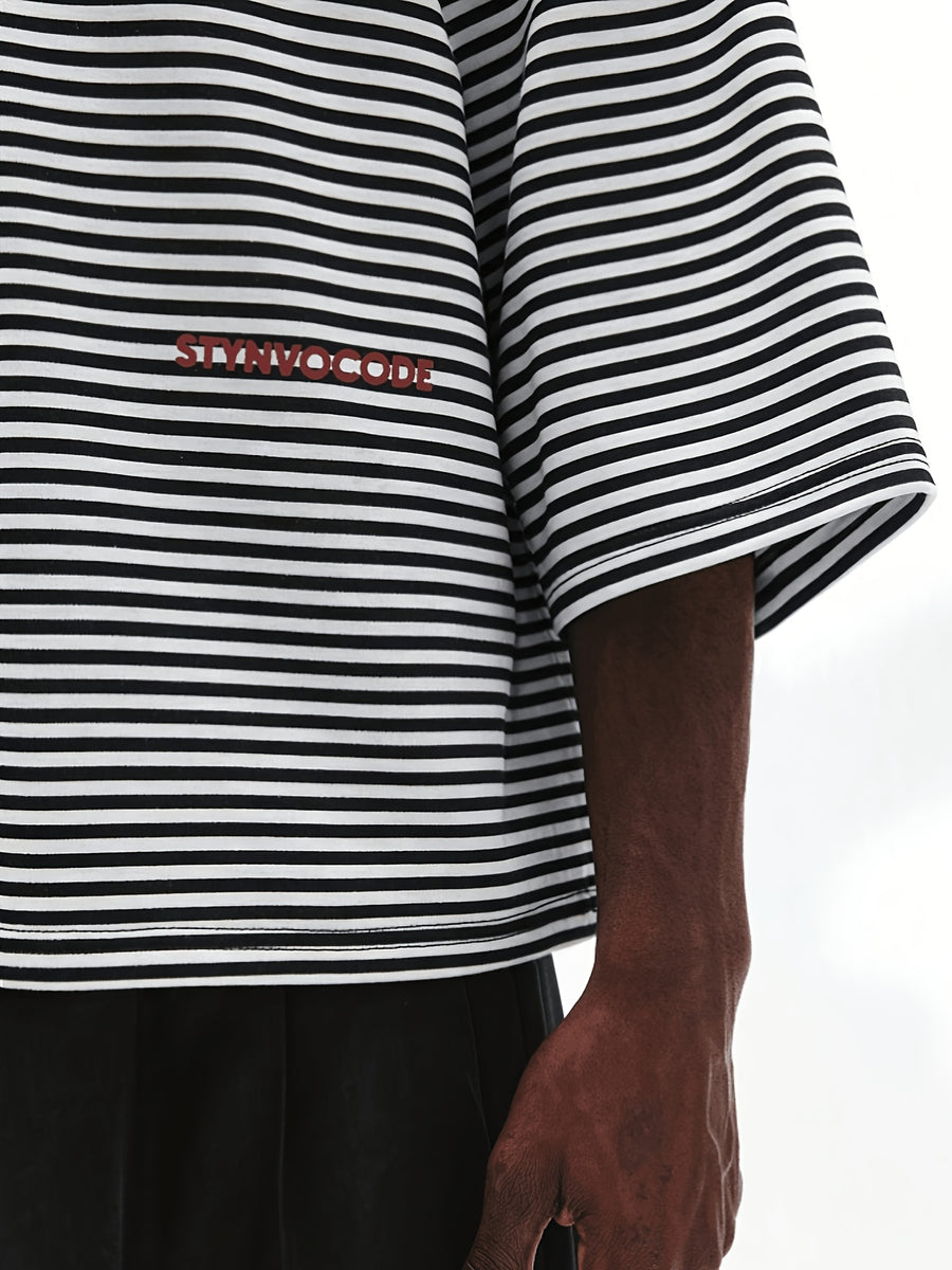 Men'S Round Neck Off-Shoulder T-Shirt, Digital Print, No Texture, 100% Polyester, Sweat-Absorbent And Breathable, Men'S Casual Black And White Striped T-Shirt, Summer Street Fashion, Suitable for Back-To-School Season. Loose Fit, Sweat-Resistant - Black