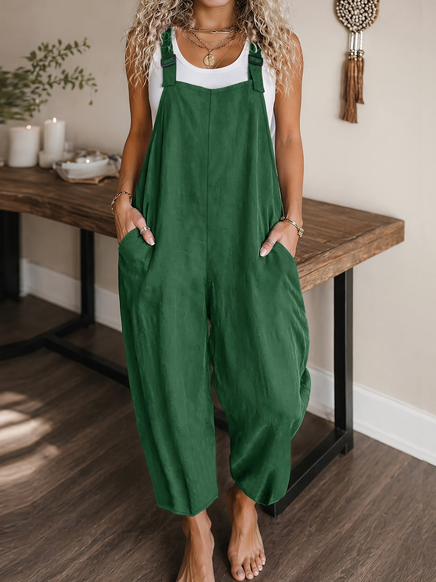 Women's Casual Vacation Loose Solid Color Overalls Jumpsuit - Green