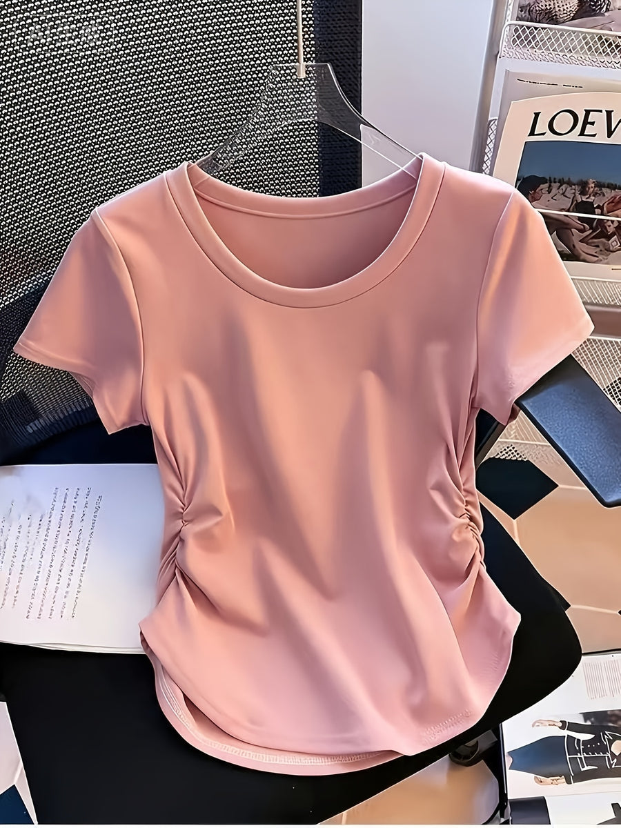 Summer: Regular Shoulder Slim-Fit Irregular T-Shirt with Ruched Curved Waistline for a Effect - Pink Color