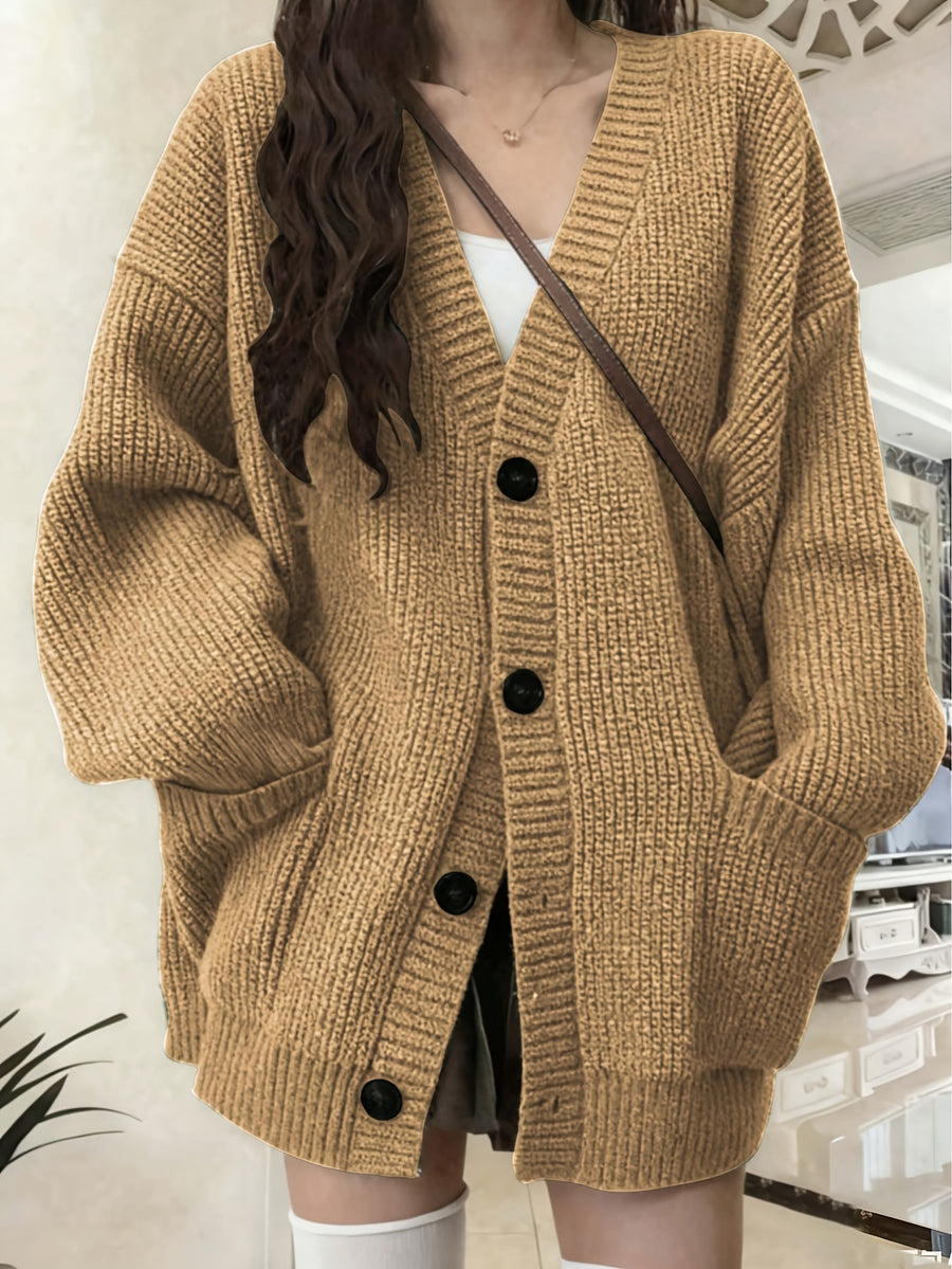 Button Front Cardigan With Patched Pocket, Casual V Neck Solid Color Ribbed Drop Shoulder Cardigan For Fall & Winter, Women's Clothing - Yellowish-brown