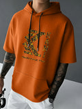 KANI Men's Waffle Knit Short Sleeve Hooded Sweatshirt with Comfortable Print and Drawstring, Pocketed T-Shirt, Summer Casual Fashion Men's Wear, Suitable for Outings and Home Wear, Ideal for Daily and Formal Occasions, Simple Summer Fashion - Orange
