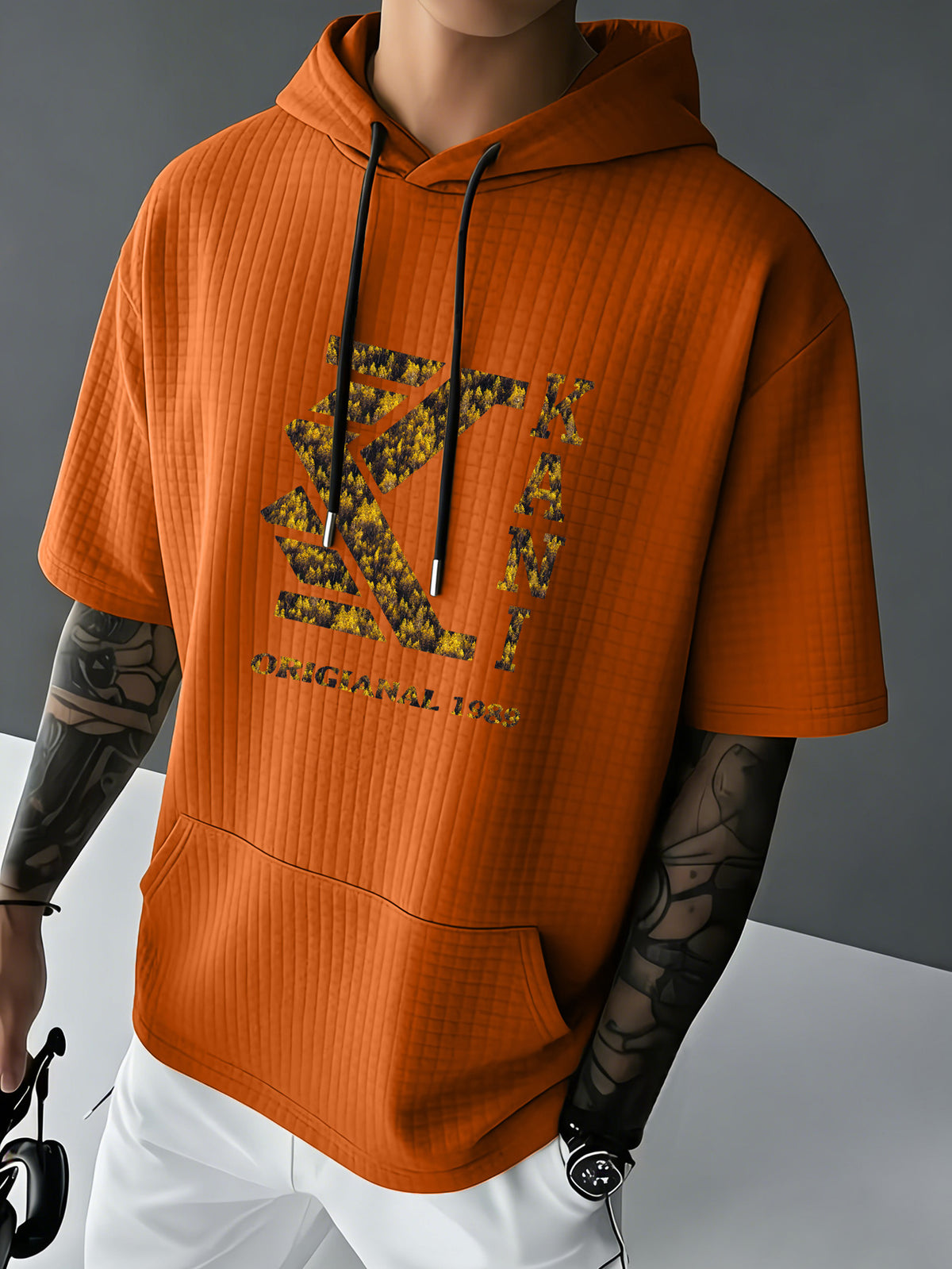KANI Men's Waffle Knit Short Sleeve Hooded Sweatshirt with Comfortable Print and Drawstring, Pocketed T-Shirt, Summer Casual Fashion Men's Wear, Suitable for Outings and Home Wear, Ideal for Daily and Formal Occasions, Simple Summer Fashion - Orange