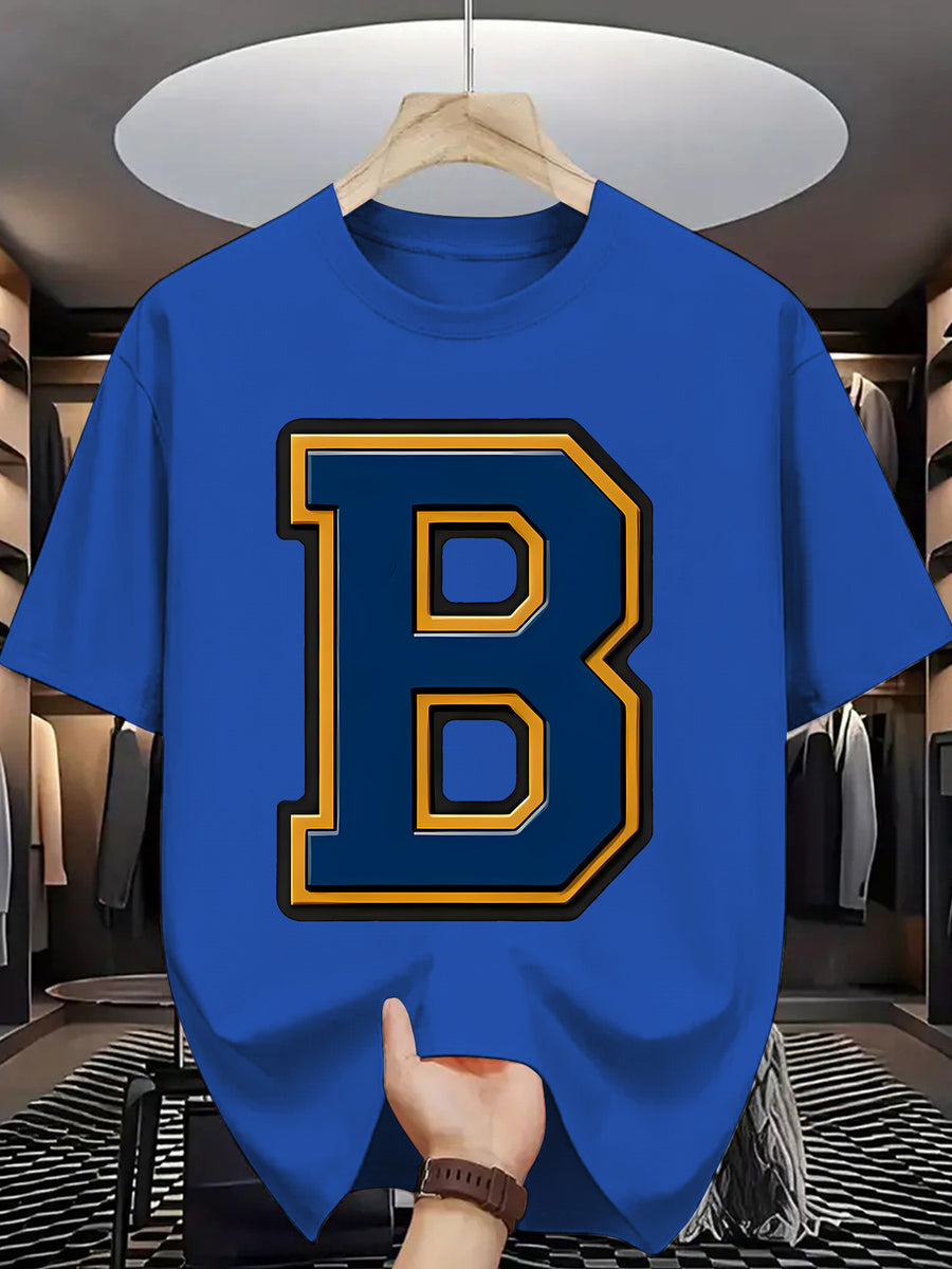 Men'S Summer Casual T-Shirt with Bold "B" Letter Print - Lightweight Polyester, Round Neck, Short Sleeve, Regular Fit, Perfect for Casual Attire, Everyday Tshirt | Trendy Casualwear | Durable Fabric - Royal Blue