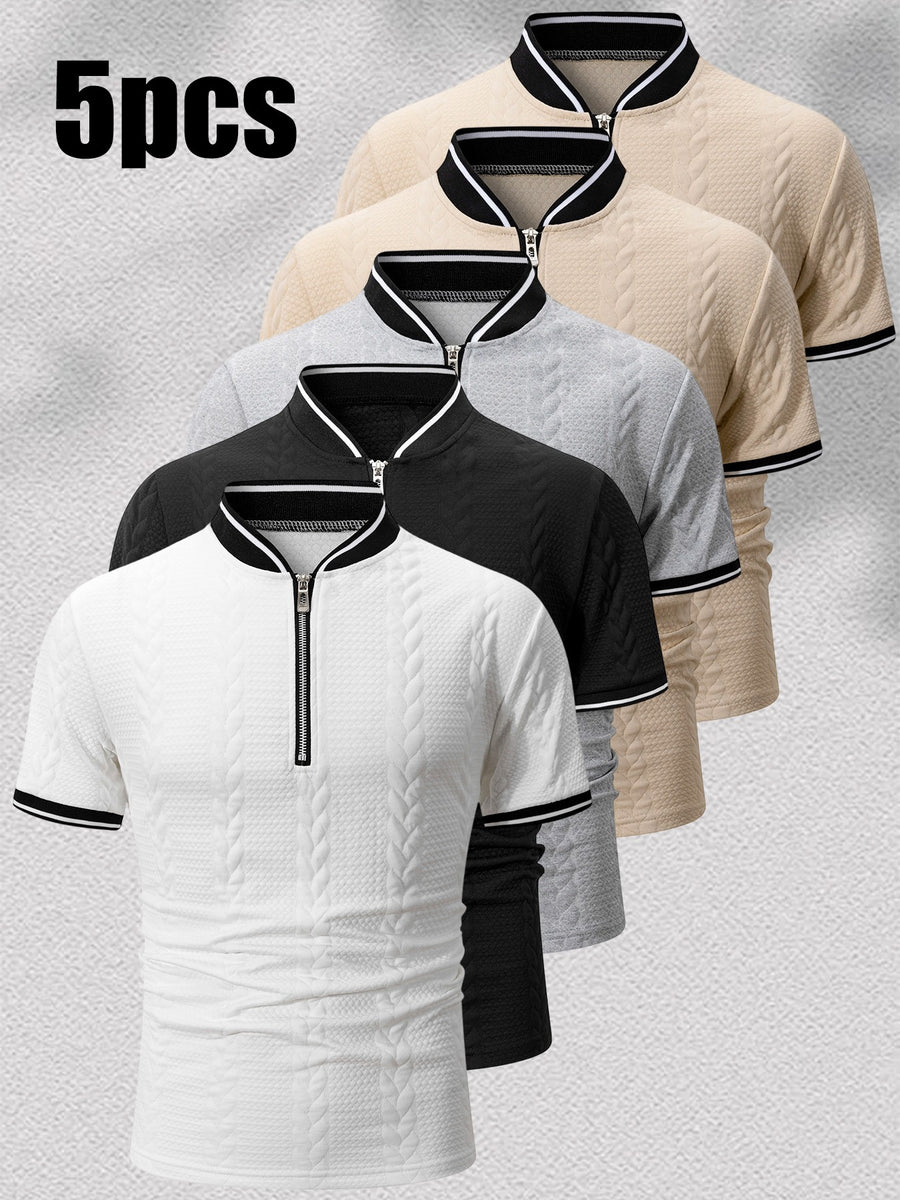5pcs Men'S 3D Textured Half-Zip Polo Shirt, Black And White Contrast Striped Collar Breathable Casual T-Shirt, Trendy Textured Polo with Contrast Trimmed Collar And Cuffs, Full-Zip Front Design, Hiking Outdoor Sports Camping Daily Casual Wear - White + Black + Light Gray + Khaki + Khaki