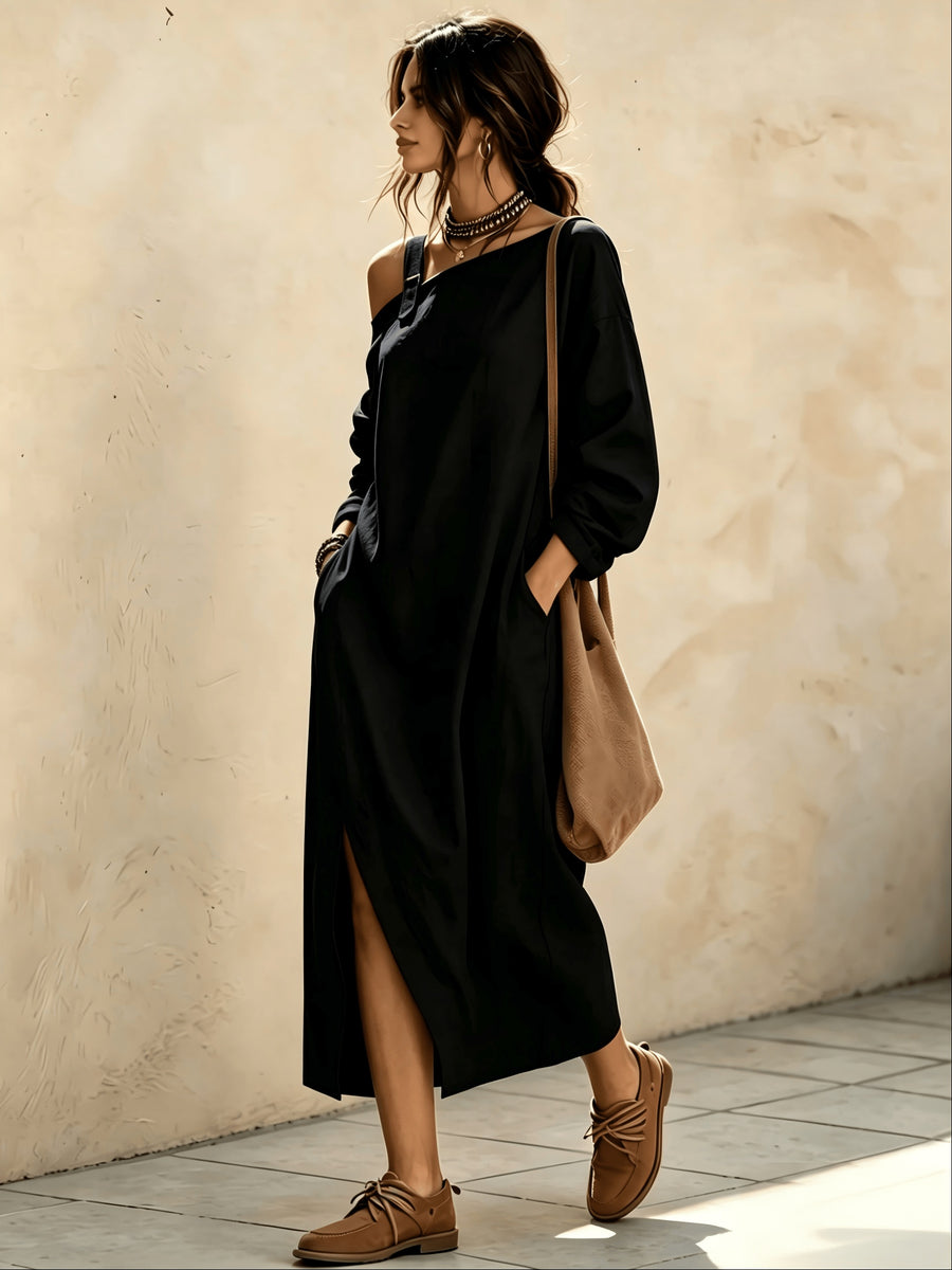 Women's Asymmetric Off-Shoulder Long Dress, Casual Long Sleeve Loose Split Midi Dress with Pockets, Suitable for Daily Commuting, Vacation, and Office Wear - Black