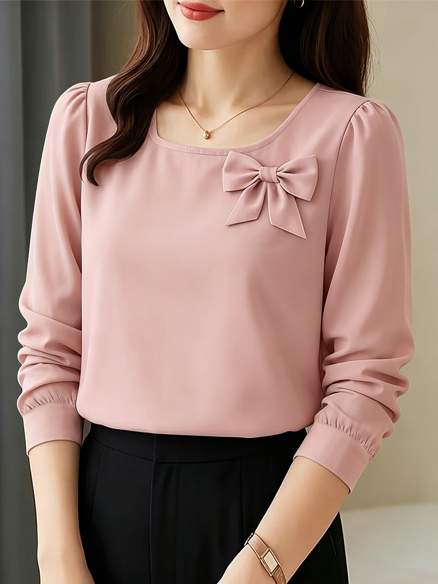 Elegant Casual Long-Sleeve Blouse with Bow and Lantern Sleeves, Solid Color Top ASD1 - Pink