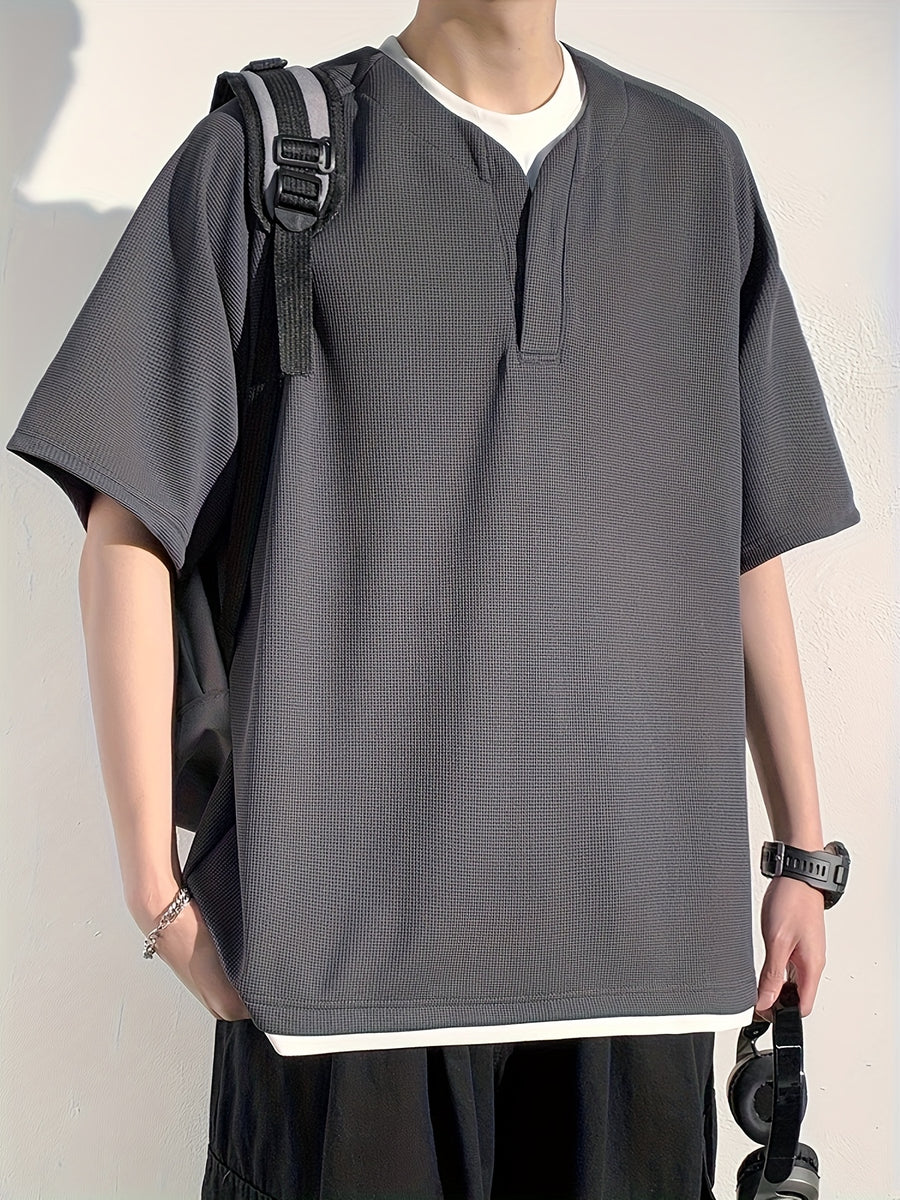 Men'S Summer Short-Sleeve Faux Two-Piece Polo Shirt Sweatshirt - Grey