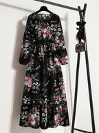 Bohemian Print Casual Party Long Dress with Ruffle Hem, Round Neck, Elastic Waist, and A-Line Silhouette - Deep Grey