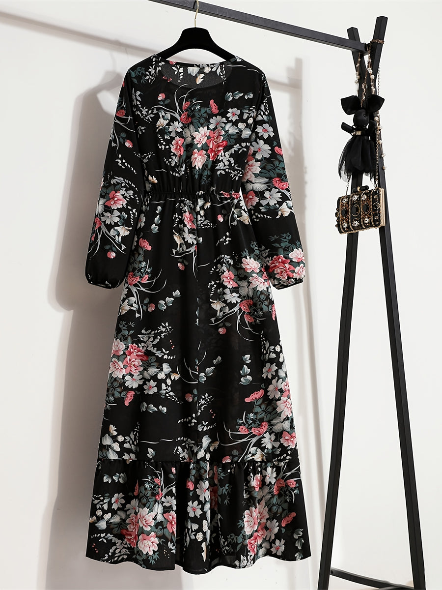 Bohemian Print Casual Party Long Dress with Ruffle Hem, Round Neck, Elastic Waist, and A-Line Silhouette - Deep Grey