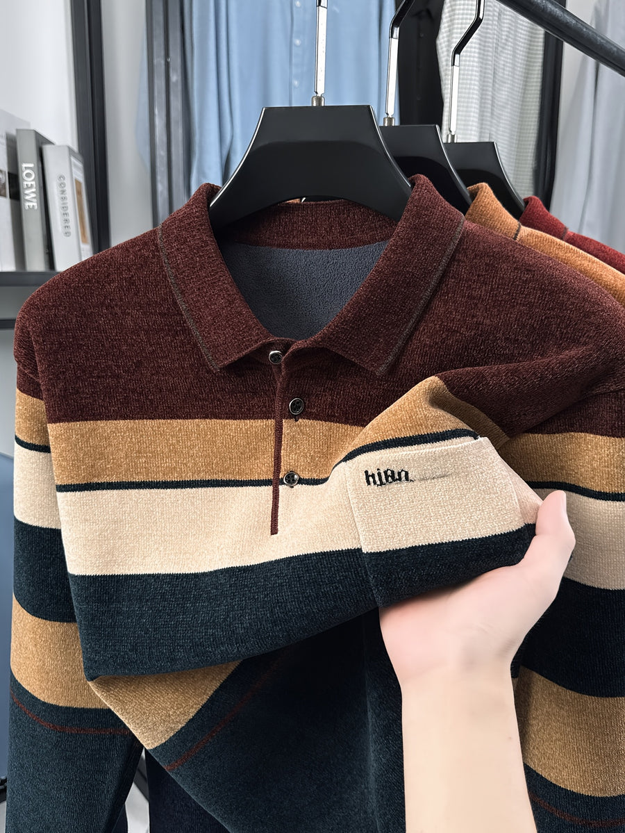 New Men's Color-Block Knit Pullover Autumn/Winter Warm Casual Polo Sweater - Dark Coffee