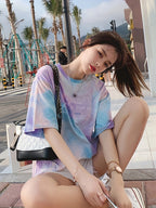 Women's Plus Size Loose Fit Casual T-Shirt - Pastel Tie-Dye Letter Print Round Neck Short Sleeve, Breathable Medium Stretch Fabric, Long Length for Spring Summer Fall, Machine Washable, Seasonal Fashion, Trendy Graphic Tee, Pullover Style Top, Everyday - 606