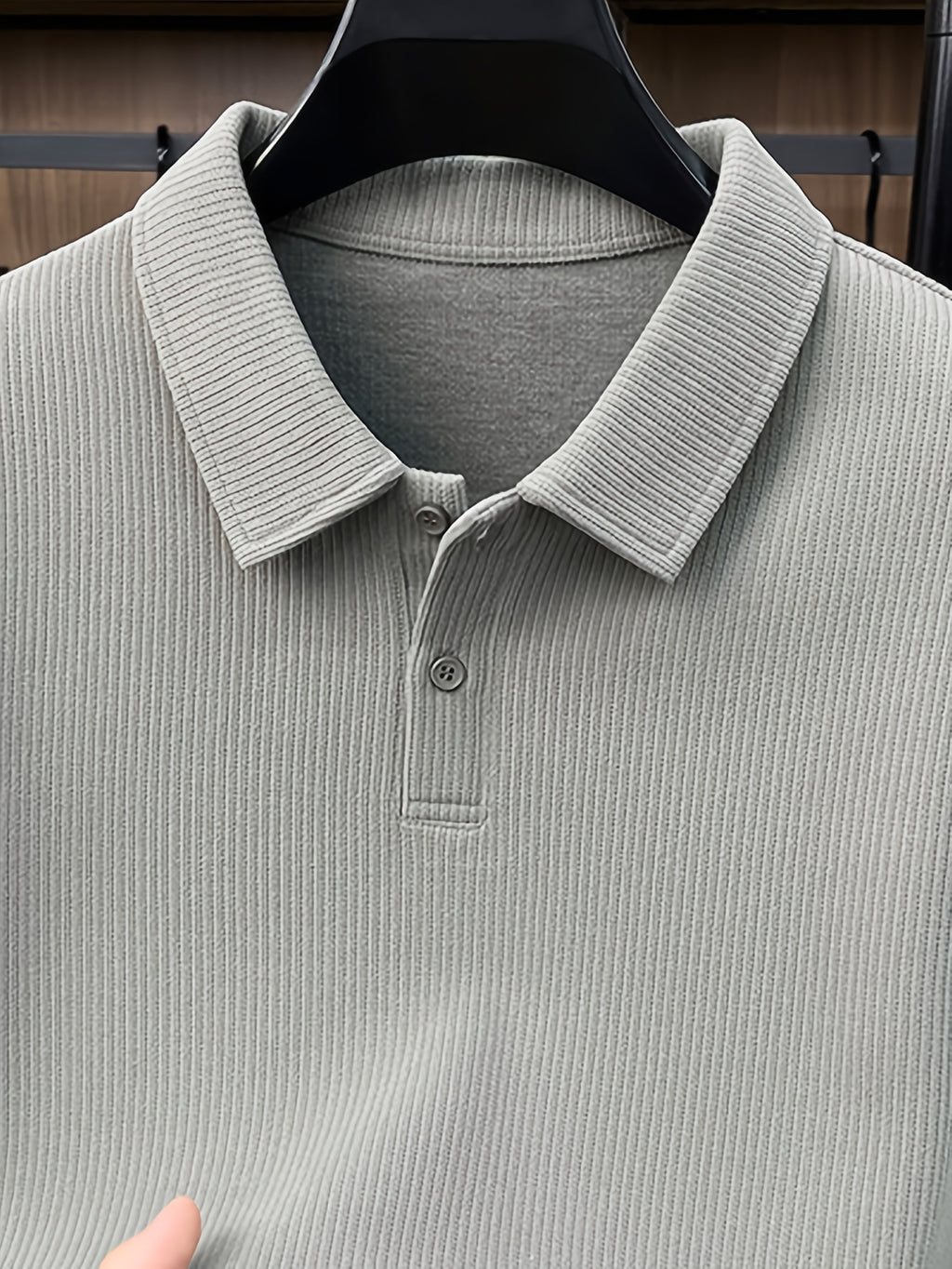 Men's Autumn/Winter Thick Long-Sleeve Polo Shirt, Lapel Collar, Two-Button Placket, Understated and Premium, Suitable for All Ages - SINBOS - Gray Green