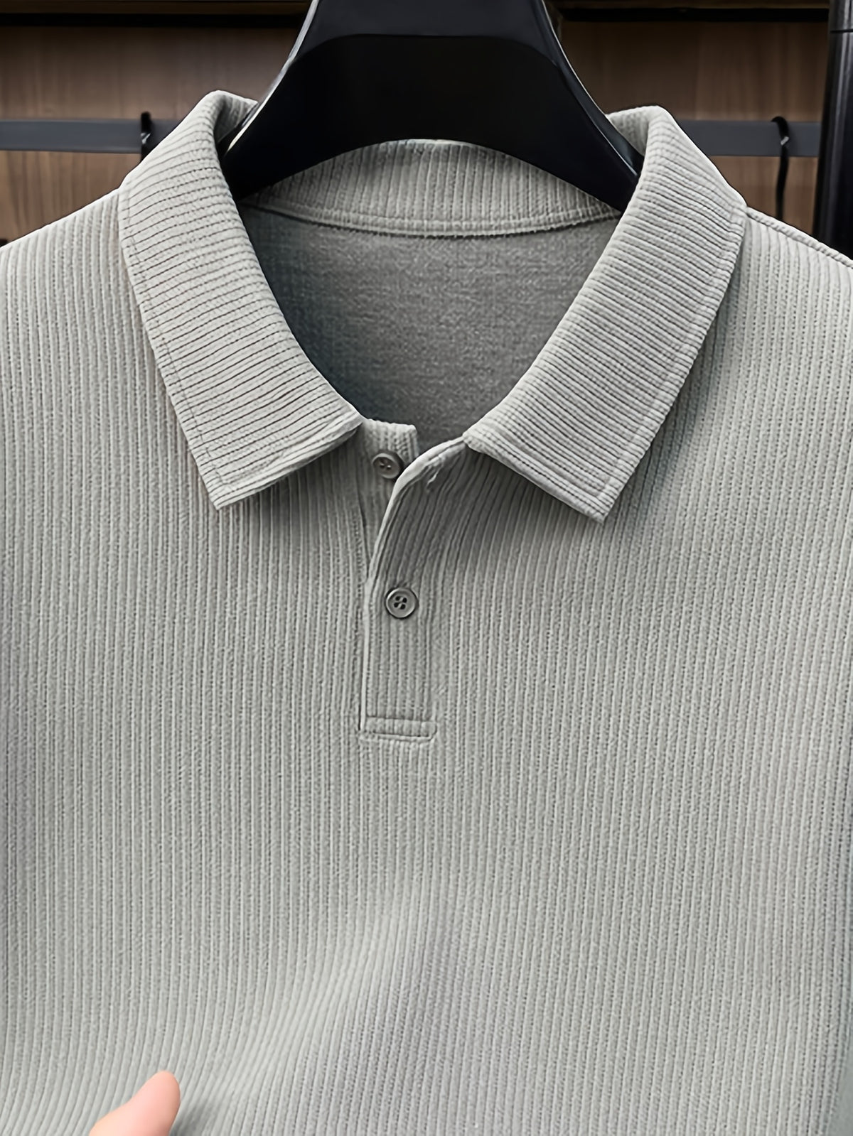 Men's Autumn/Winter Thick Long-Sleeve Polo Shirt, Lapel Collar, Two-Button Placket, Understated and Premium, Suitable for All Ages - SINBOS - Gray Green