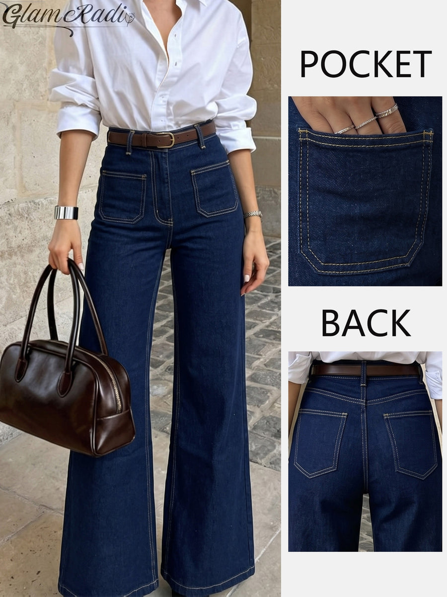 New Women'S High-Waist Wide Flare Jeans, Dark Blue with Front Patch Pockets And Stretch Fabric, Trendy Stylish Comfortable Cut. Ideal for Shopping, Commuting, Vacations, Festivals, And All Outdoor Occasions, Wearable Year-Round - Deep Blue