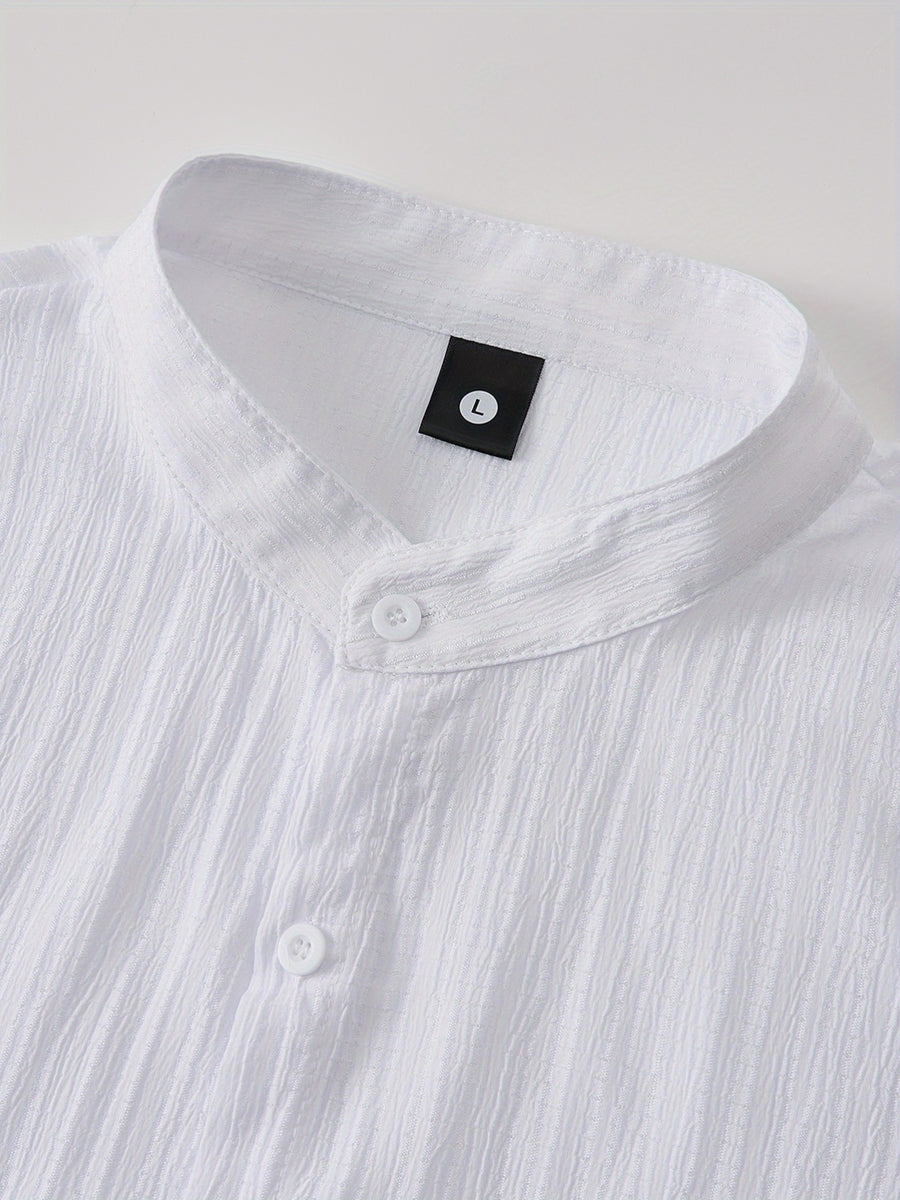 Geometric Pattern Print Men'S Business Long-Sleeved Button Stand Collar Shirt, Spring And Autumn Formal Wear, Men'S Gift - White