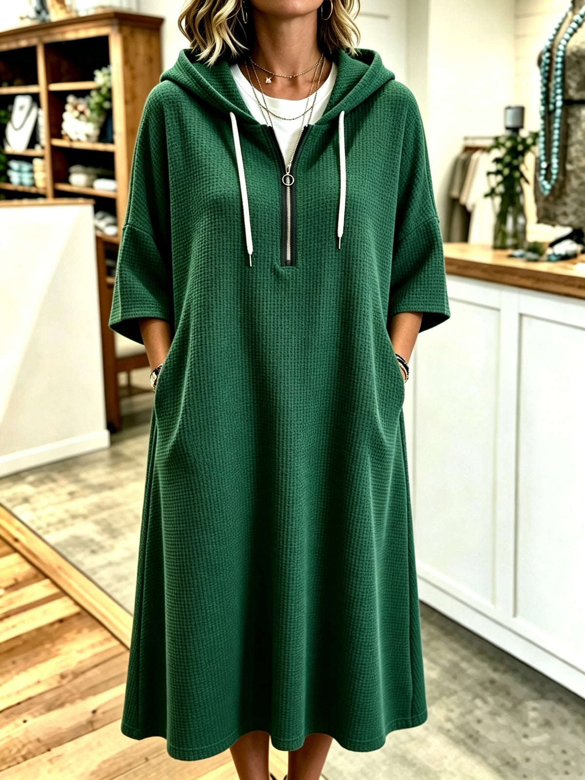 Plus Size - Spring Autumn New Waffle Half-Zip Hooded Sweatshirt Dress Women'S Loose Plus Size Three-Quarter Sleeve Drawstring Pocket Mid-Length Casual Style Solid Color Pullover Dress - Green