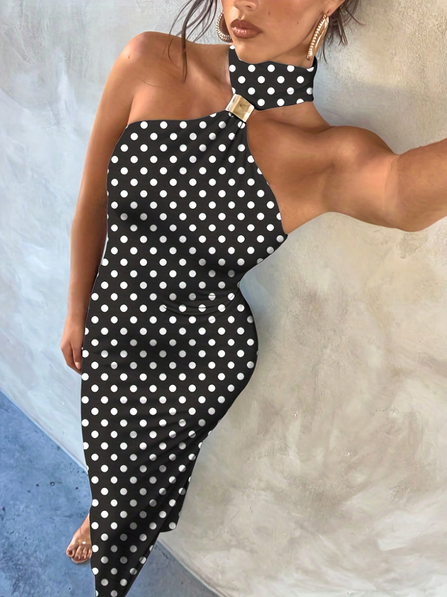 Polka Dot Pattern Elegant and Sexy Metal Buckle Embellished Hollow-out Slim-fit Stretch Knit Dress, Women's Fashionable and Elegant Party Bridesmaid Dress - Black And White