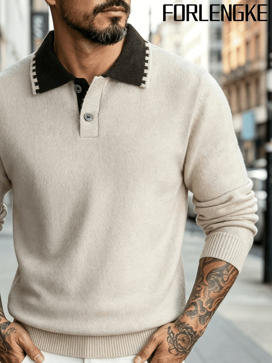 FORLENGKE Stylish Elegant Men'S Business Casual Color Block Lapel Polo Knit Sweater, Soft Skin-Friendly Thick Long Sleeve Pullover for Fall Winter Office Daily Wear - Apricot