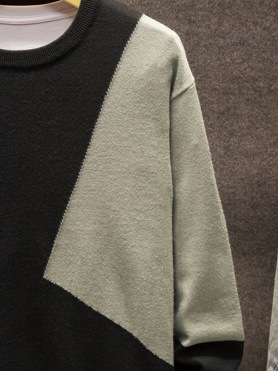 Color-Blocked Round-Neck Knitted Casual Winter Base Layer for Men - Black