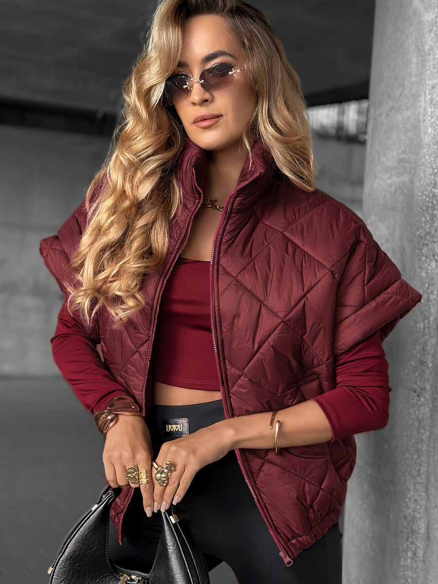 Women'S Sleeveless Short Jacket - Full Zipper Front Closure, with Pockets, Structured Fitted Coffee-Colored Coat, Suitable for Casual And Formal Occasions - Coffee-Colored Jacket for Daily Or Formal Wear - Machine Washable Layered Clothing - Fashion - Burgundy