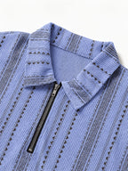 Men's Summer Knit Polo Shirt, Fashion Vertical Jacquard Stripe, Half-Zip Geometric Texture, Suitable for Trips, Business Occasions & Evening Dates - Men's Knit Polo Shirt (Sea Blue)