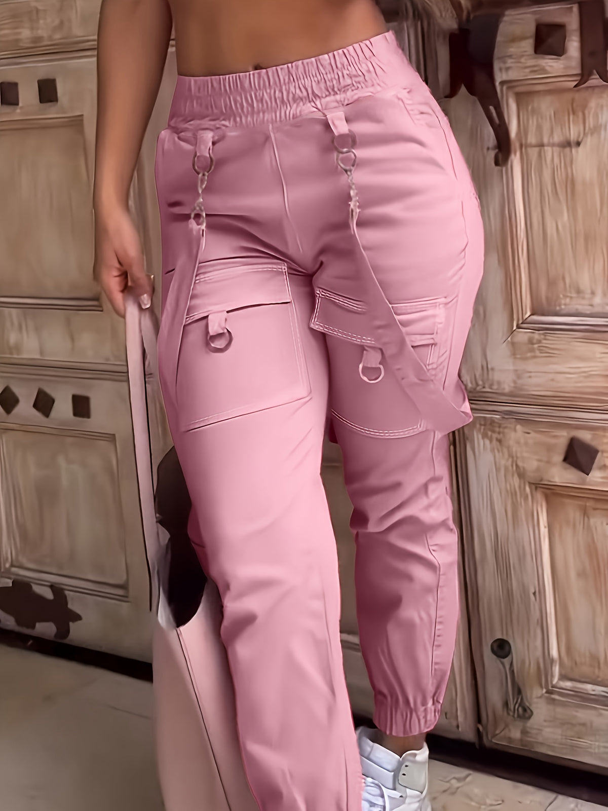 2026 Spring And Summer New Casual Women'S High-Waisted Pants with Solid Color Pocket Design And Elegant Suspenders, Perfect for Casual Outings And Dates - Pink