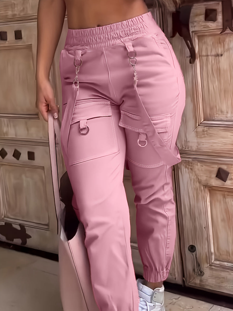 2026 Spring And Summer New Casual Women'S High-Waisted Pants with Solid Color Pocket Design And Elegant Suspenders, Perfect for Casual Outings And Dates - Pink