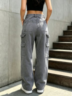 Women'S Vintage Wash Cargo Jeans, Multi-Pocket Loose Straight Leg Denim Trousers, Vintage Streetwear Y2K Casual Pants - Dark Gray