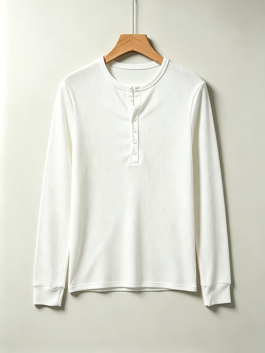 2pcs Men's Long Sleeve Vertical Rib Knit Henley Shirt, Slim Fit with Waist Taper to Highlight a Masculine Silhouette, Breathable and Skin-Friendly, Not Stuffy, High-Stretch Vertical Ribbed 7-Button Placket Versatile Top, Suitable for Daily Casual - white+army green