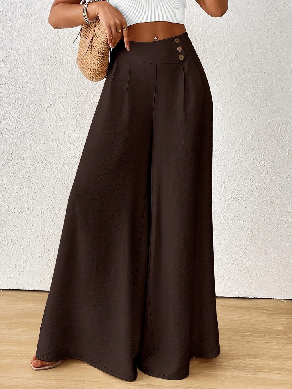 High-Waist Wide-Leg Pants, Solid Color, with Pleats And Button Details, Soft Style - Coffee Color