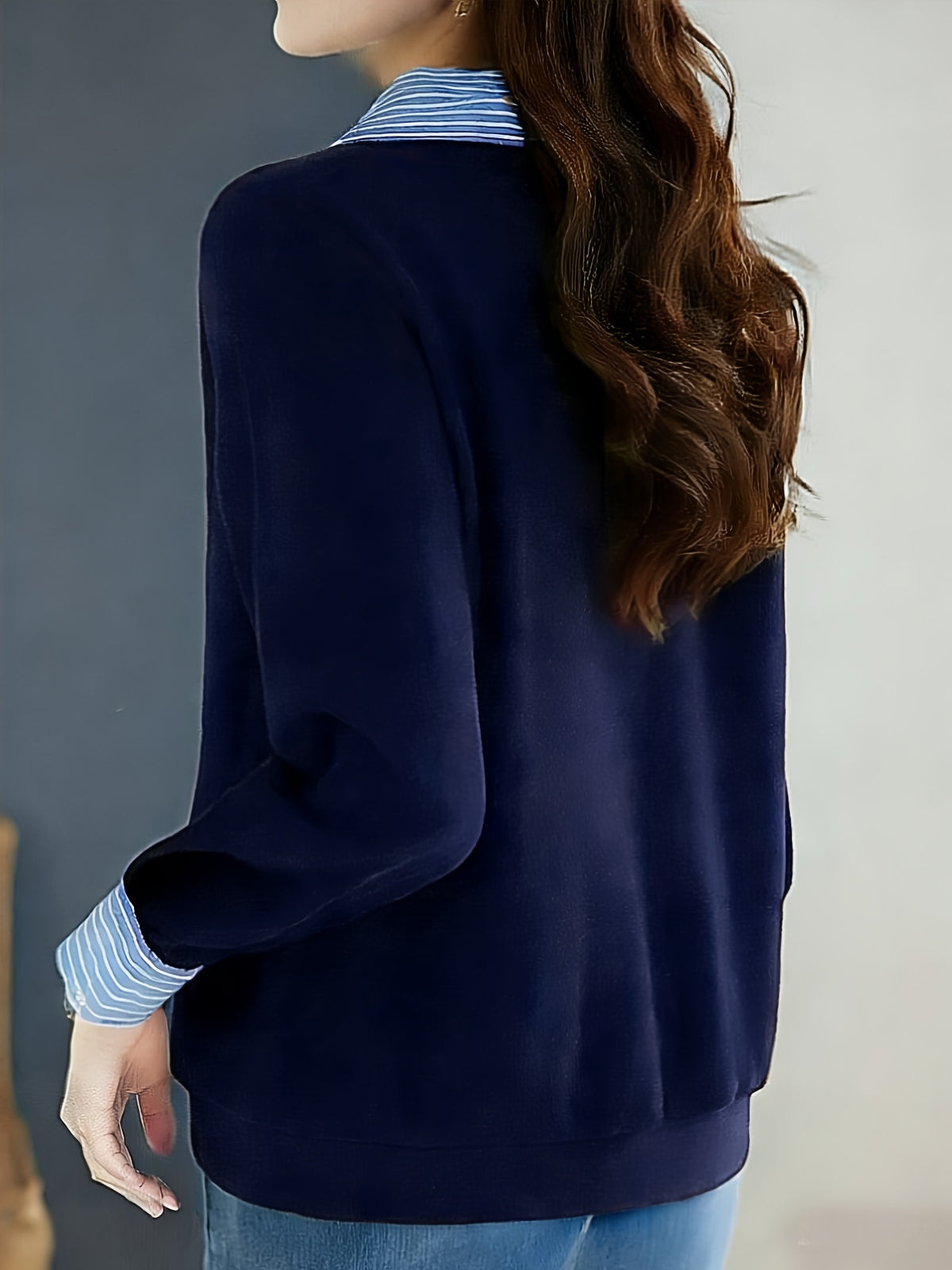 Women's Casual Long-Sleeve Comfortable Fashion Spring/Autumn Collared T-Shirt - Navy Color