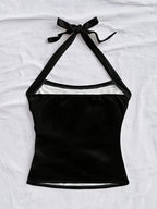 Women'S Summer Vacation Floral Print Halter Camisole, Back Bow Tie Cami Top - Black