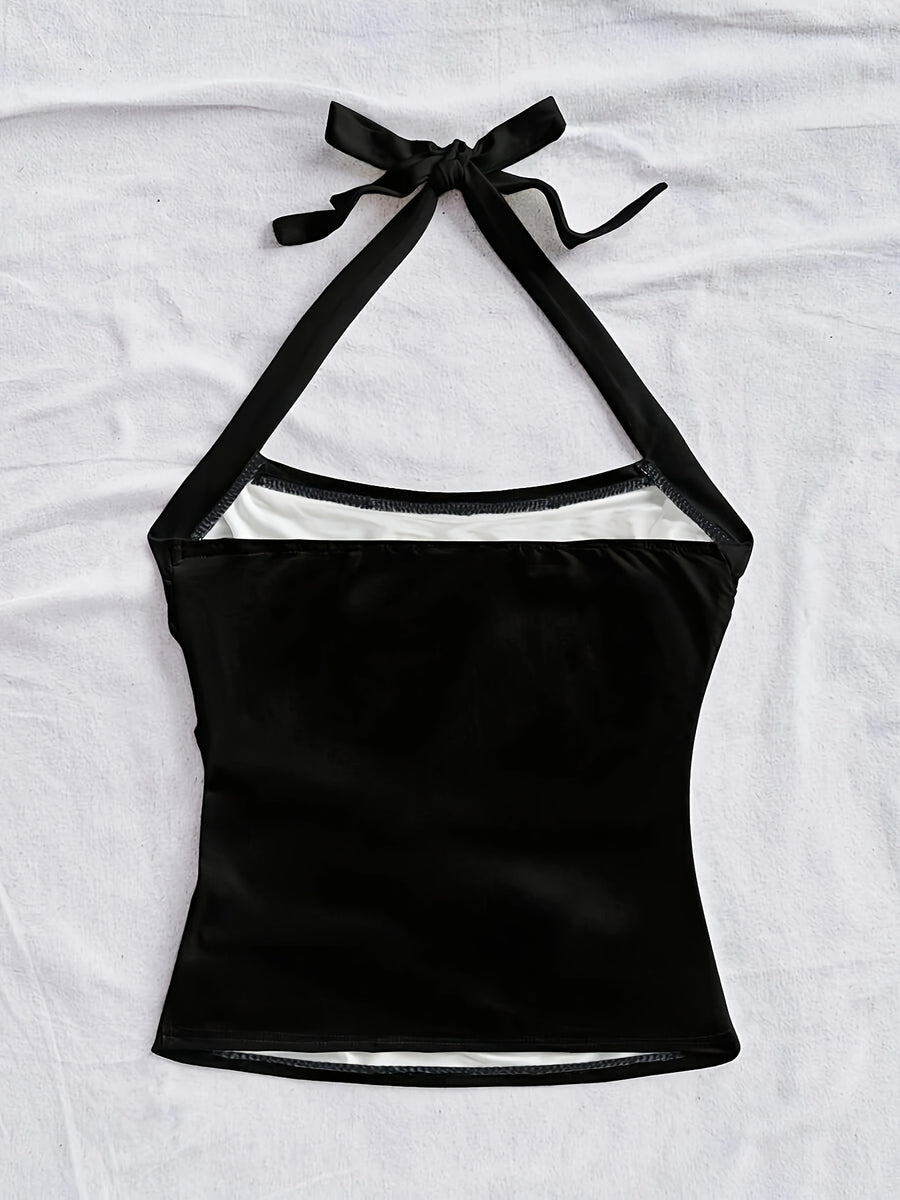 Women'S Summer Vacation Floral Print Halter Camisole, Back Bow Tie Cami Top - Black