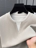 Spring And Autumn Men'S Pinstripe Knit Faux Two-Piece Sweatshirt Easy Small Lapel Fit Comfortable Skin-Friendly Casual Commuting Long Sleeve Pullover Sweater - Off White