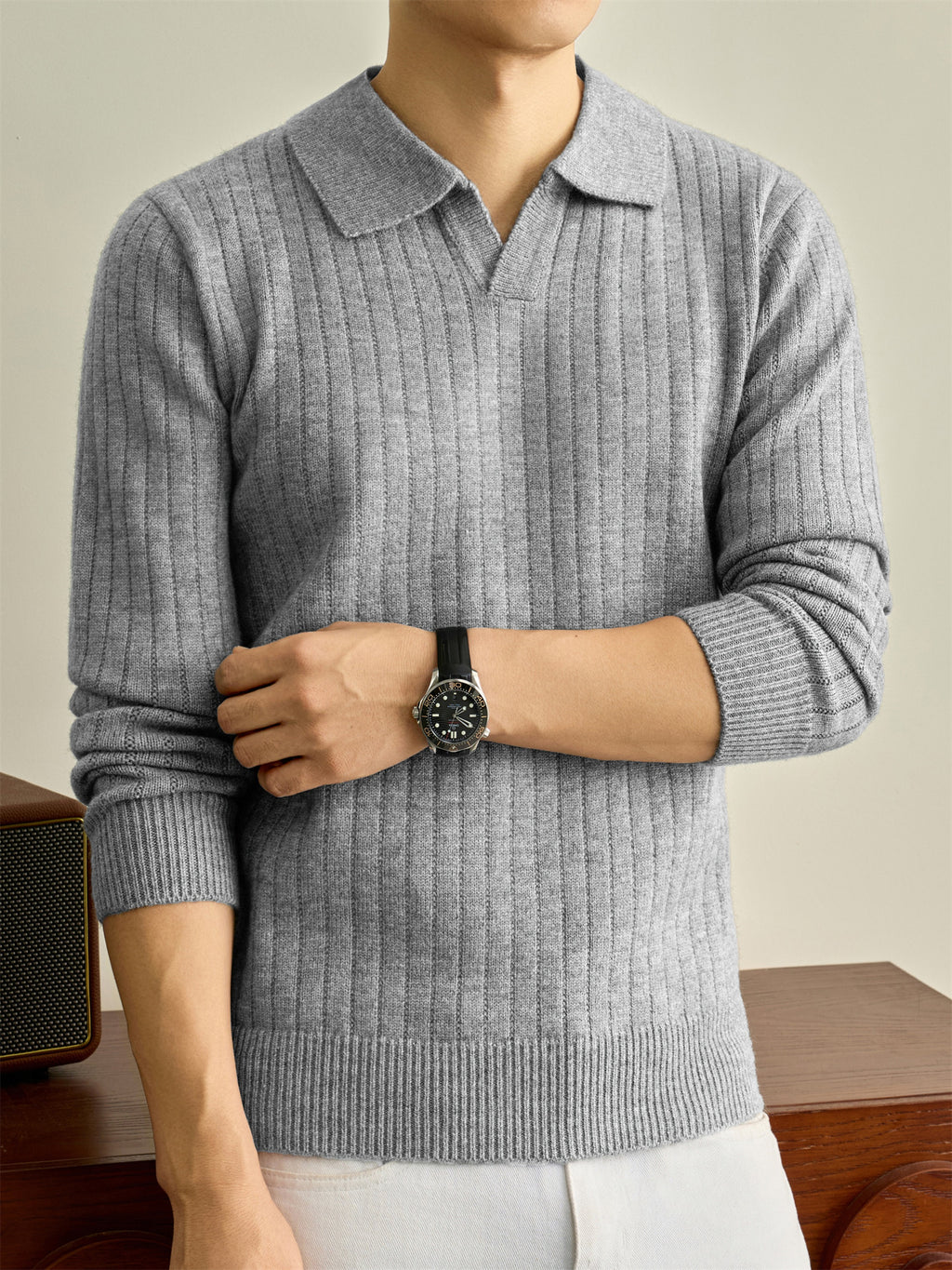 Autumn Winter Knit 3D Solid Color Lapel Polo Sweater, Basic Knit Pullover Top for Men, Fashionable Long Sleeve Sweater, Size S - Light Grey
