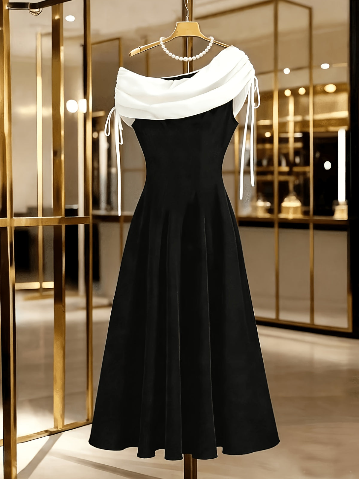 Women'S Premium Black And White Color-Block Ruffled Neck Diagonal Shoulder Waist A-Line Bridesmaid Dress, Party Dress, Casual Wear - Black And White