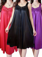 3pcs Set Women'S New Solid Sexy Lace Summer Ice Fiber Fabric Camisole Style Nightgown Outwear Home Wear - Red+Black+Dark Purple