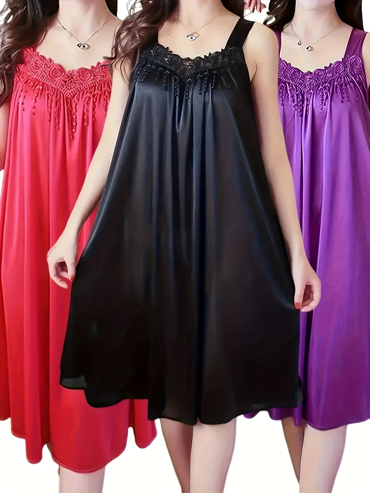 3pcs Set Women'S New Solid Sexy Lace Summer Ice Fiber Fabric Camisole Style Nightgown Outwear Home Wear - Red+Black+Dark Purple