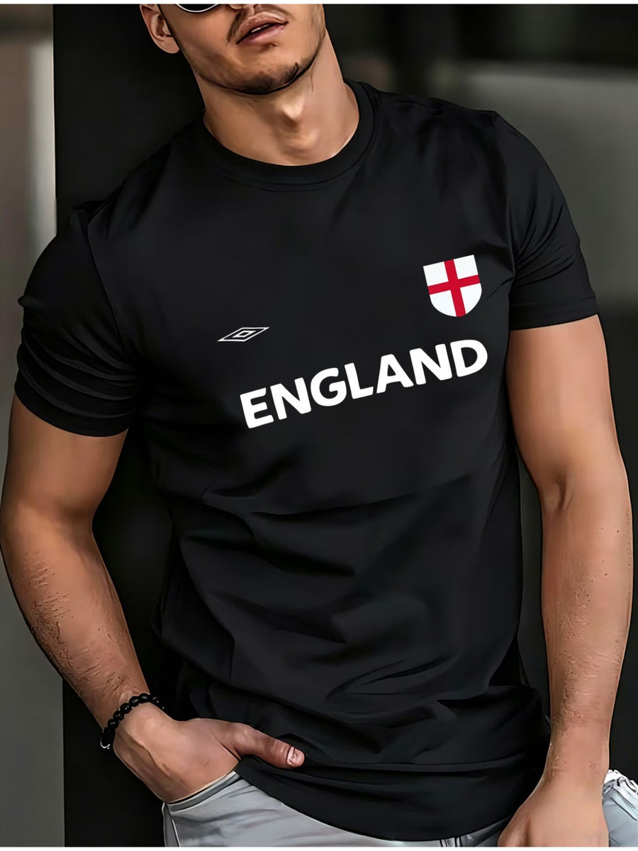 Multi-color ENGLAND Football Style Men's T-Shirt, Crew Neck Printed Casual Style, Lightweight and Breathable for Daily Sports, Versatile, Sizes S-XXXL - Black