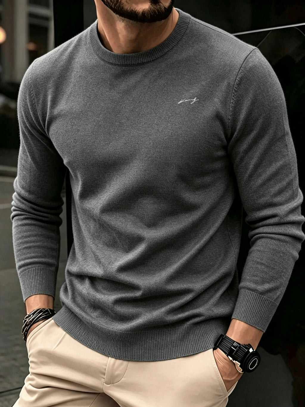 Men'S Long Sleeve Knit Sweater, Easy Style, Fashionable Men'S Clothing Regular Fit Versatile Round Neck Knit T-Shirt, Outdoor Casual Everyday Wear - Grey