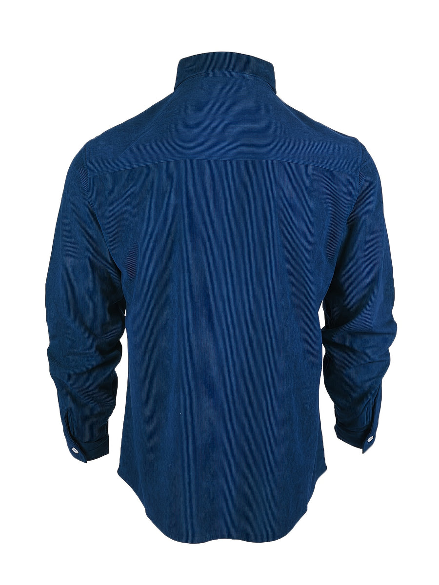 Men'S Retro Corduroy Shirt - Casual Long Sleeve Pocket Shirt, Brown Retro Style Jacket, Suitable for All Seasons, Lapel Design, Loose Fit Suitable for Layering Or Wearing Alone - Blue