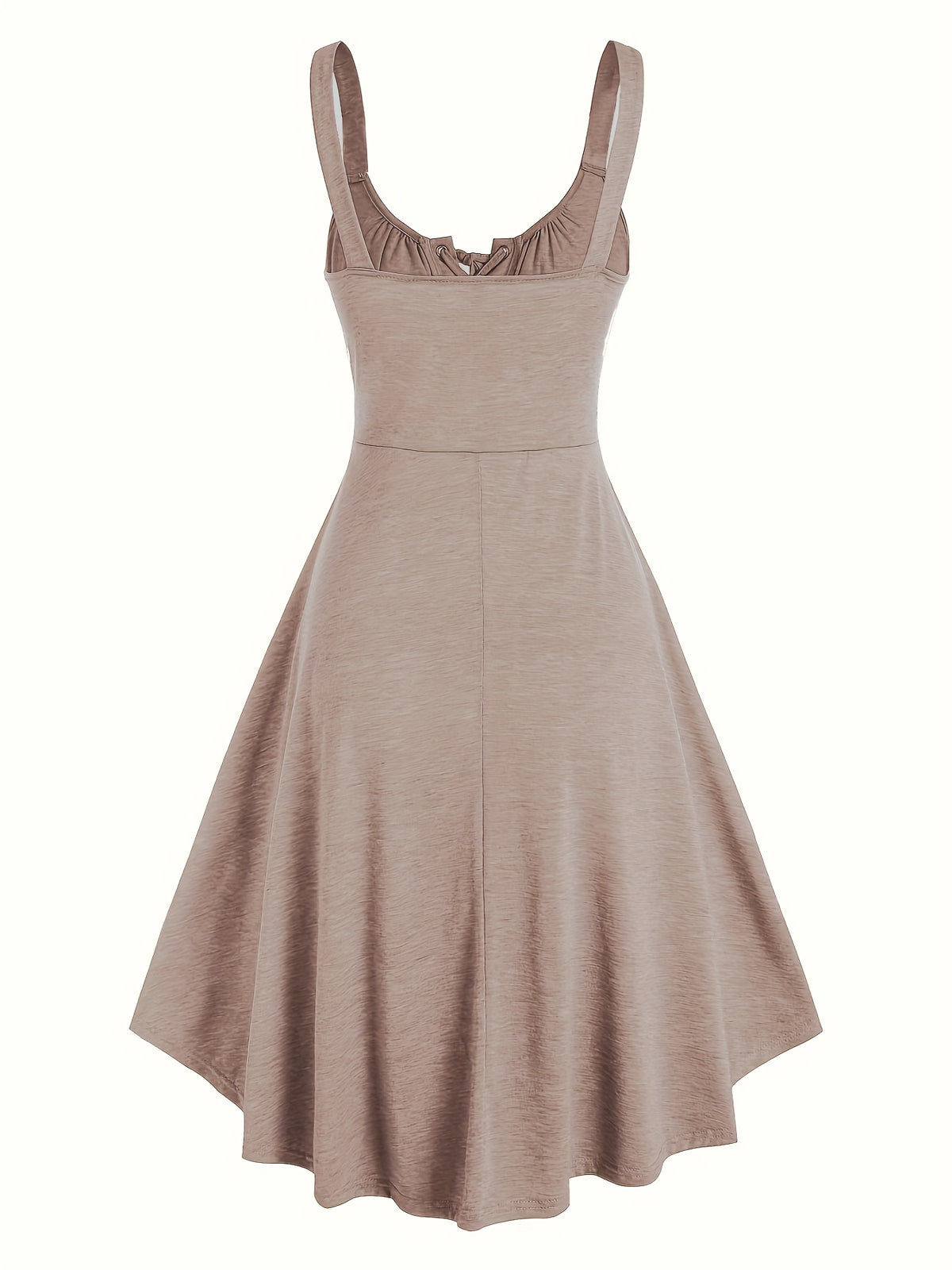 Casual Solid Color, Front Cross Straps with Eye Hook Design, Retro Bust Contour, Short Front Long Back Comfortable Casual, Home, Vacation Dress, Targeted Development - Khaki