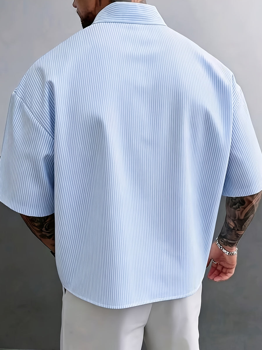 Men's Summer Striped Half-Zip Casual Short-Sleeve Shirt, Comfortable Fabric, Loose Fit, Suitable for Home, Outdoors, and Vacation Travel - Light Blue