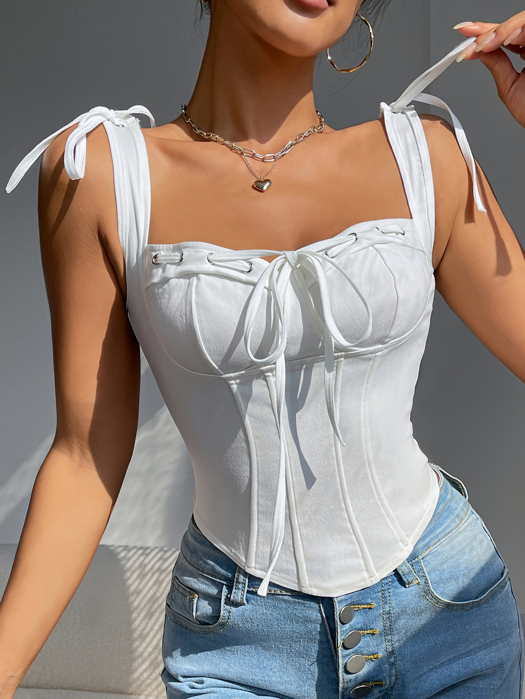 Fashionable and Versatile Solid-color Drawstring Slim-fit Women's Bodysuit, V-neck with Cut-out Back Design, Women's Outerwear Camisole - White