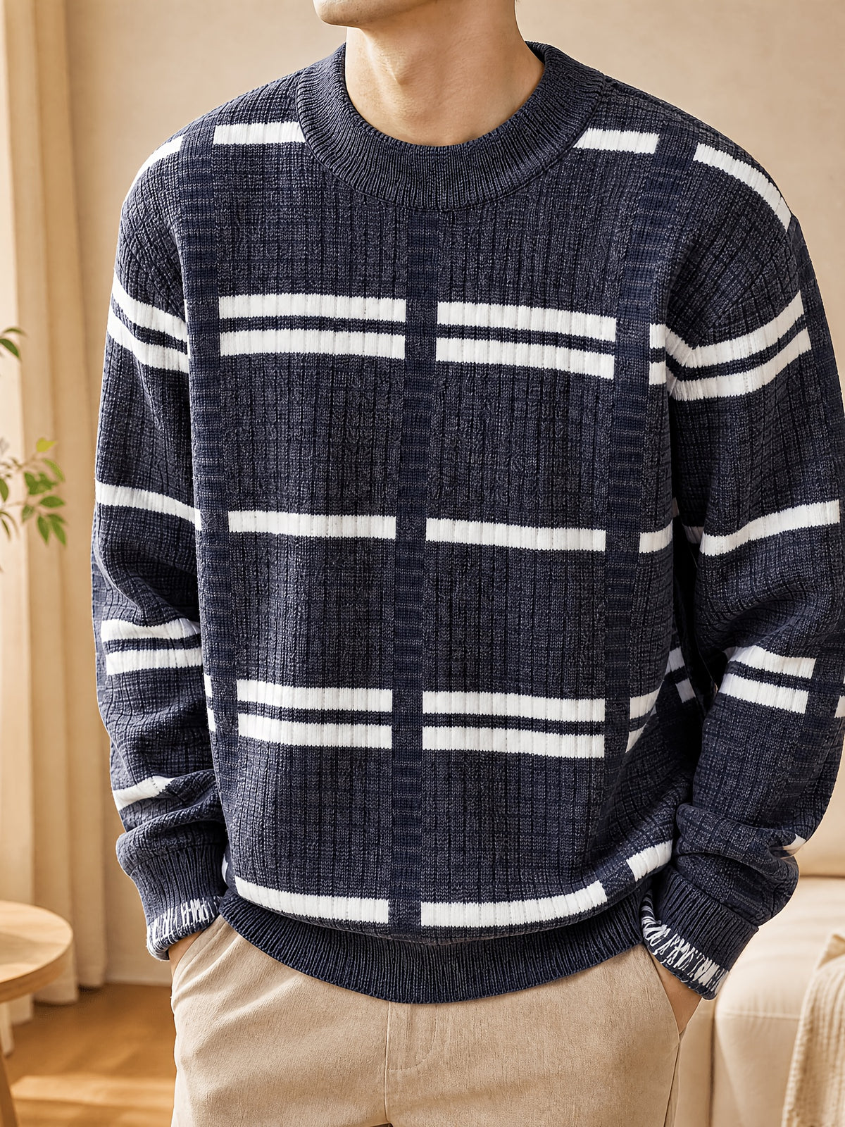 1pc Du Jing Lan OBM Men's Knit Sweater - Old Money Style Contrast Color Striped Crew Neck Sweater, Business Casual Striped Pullover Suitable for Layering, Golf, Basketball, Outdoor & Daily Wear, Belt-Free Warm Sweater for Spring/Autumn/Winter - Dark Blue